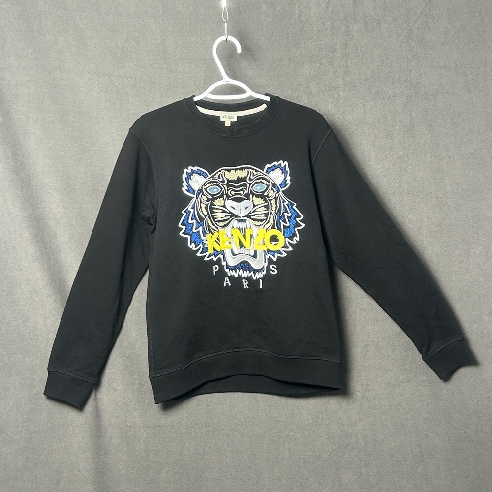 Kenzo Paris Women's Black Crewneck Sweatshirt Tiger Embroidered Spellout S